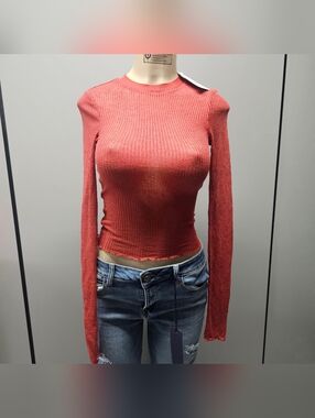 Women's Ribbed Long-Sleeve Crop Top - Coral Elodie Xs Nwt